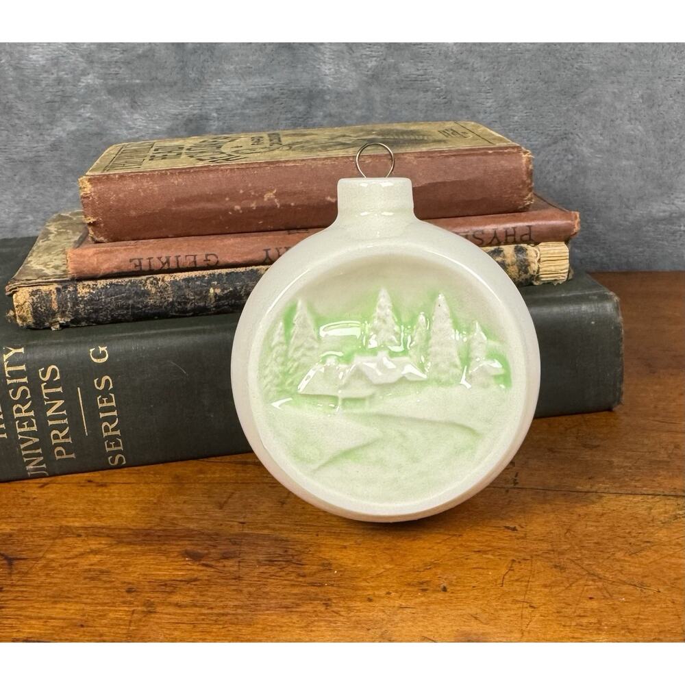 Vintage Otagiri Christmas Ceramic Ornament Cabin Scene Ivory Green Glaze 1970s